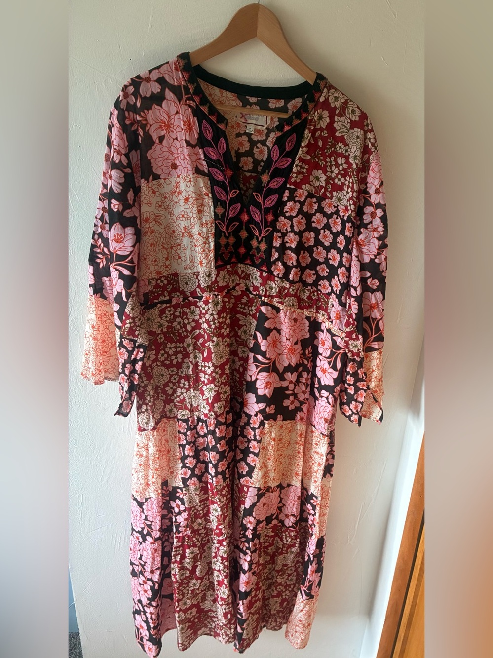 Johnny Was Bohemian Patchwork Floral Maxi Dress in Pink Black XL